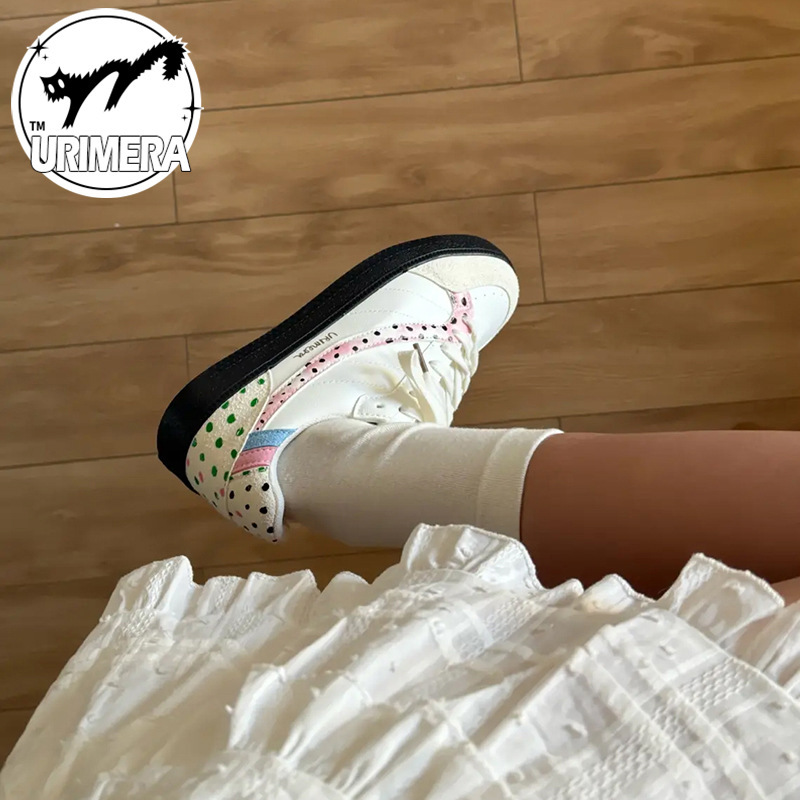 Urimera Retro Colorful Polka Dot Student Sneakers 2025 Model Round Toe Flat Lace-Up Women's Casual Shoes Women's Shoes
