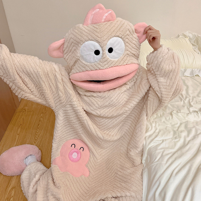 Nuevo invierno en línea rojo unido ropa de dormir mujer encantadora dibujos animados pescado de boca grande más terciopelo espeso jacquard ropa de dormir casera