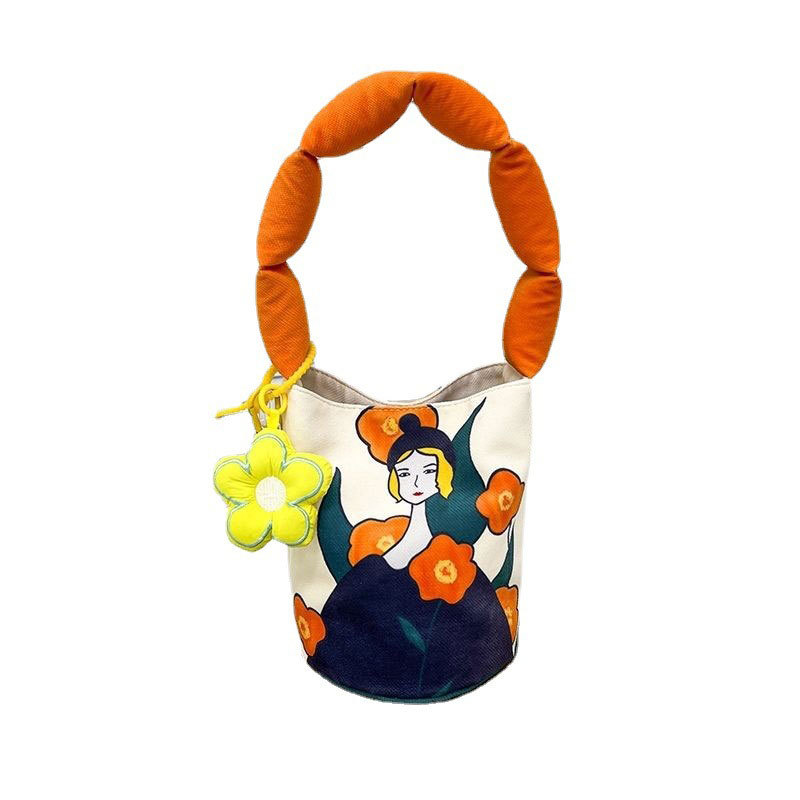 Nueva Ilustración Creativa correa de hombro llena de algodón bolsa de cubo bolsa de hombro Montaña y Mar Sutra portátil bolso de lona artística al por mayor