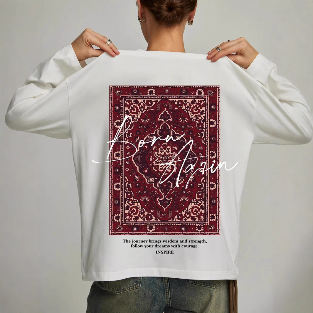 Vintage Design Sense Niche Fun High-end Sense Printed 2025 Spring Mid-length Cotton Long-sleeved T-shirt Top Trendy