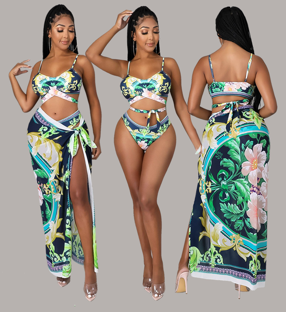 printed split with slit skirt three-piece bikini set NSYMS129280