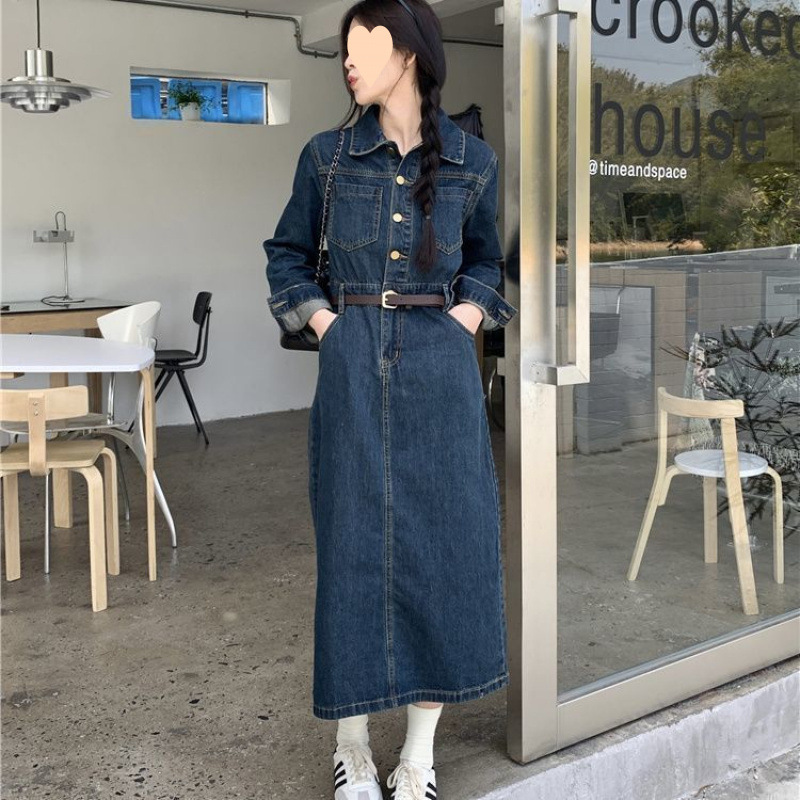 收腰显瘦长袖牛仔连衣裙女春秋2025新款韩系风复古气质中长款裙子|undefined