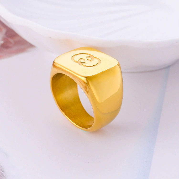 DAYHAO Square ring stainless steel with letters for leisure, European style
