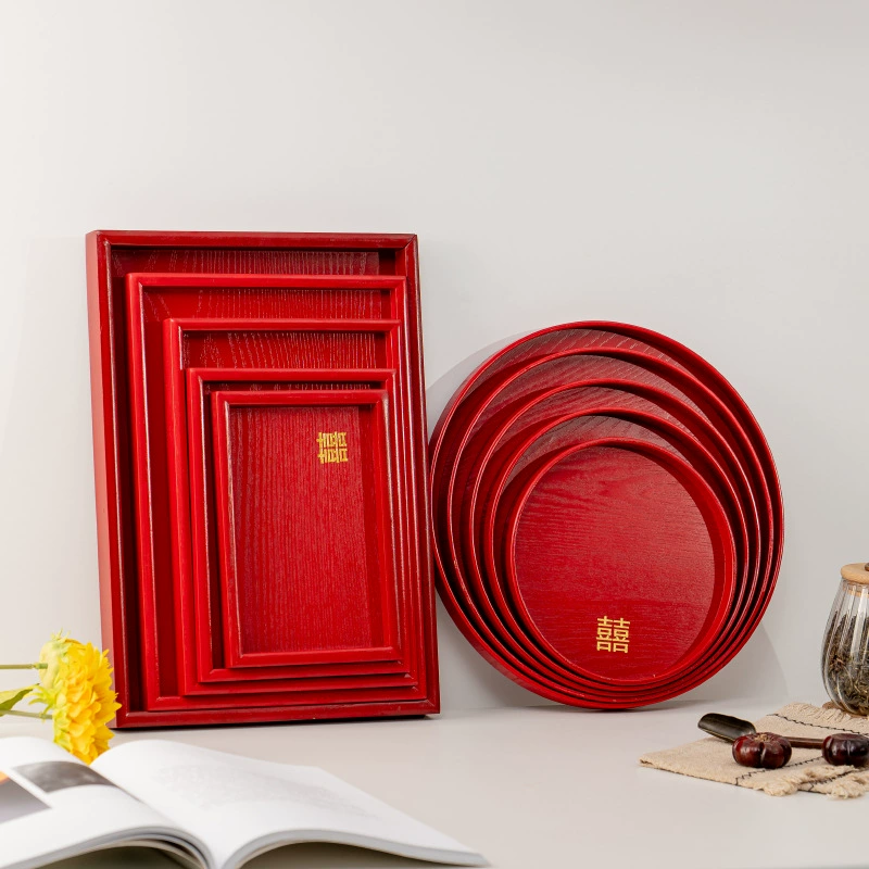 Красный деревянный поднос для свадебного чая, поднос для сервировки чая и фруктов, свадебный китайский прямоугольный гравированный диск, производитель оптом