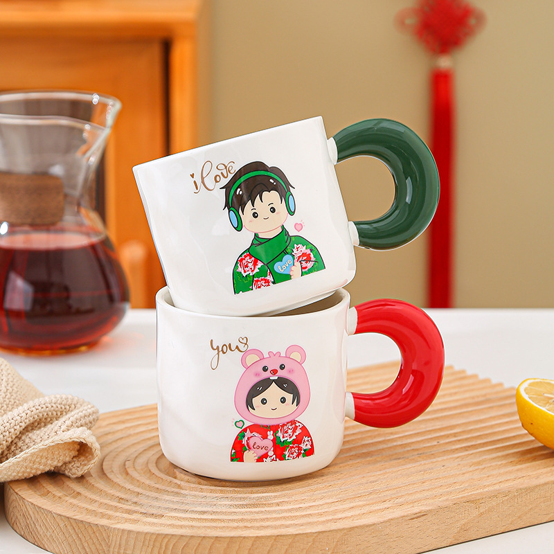 东北大花复古马克杯大把柄卡通情侣对杯实用陶瓷水杯伴手礼品礼盒