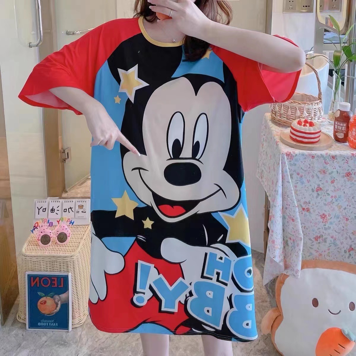 Spot falda de mujer viento perezoso talla grande camisón de mujer manga corta suelta y cómoda cuello redondo lindo vestido de casa con estampado de dibujos animados