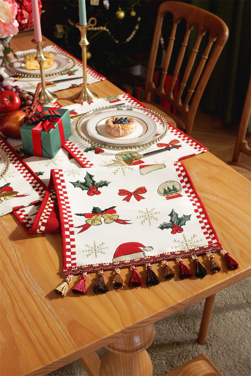 Drapeau de table de noël en jacquard teint en fil, flocon de neige, chapeau de noël, nappe à pampilles, décoration, couverture de drapeau de chevet_voghion.com