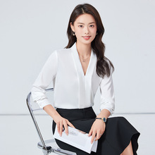 白色V领长袖衬衫女2024春秋新款设计感小众OL衬衣鱼尾裙职业套装