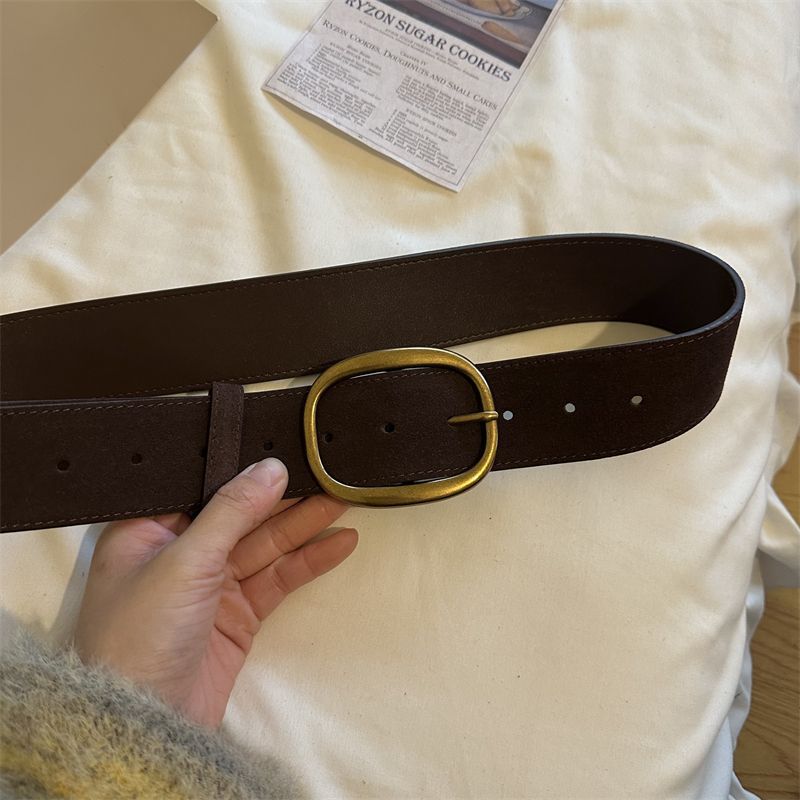 Wide Waist Belt For Coats Women's Retro Brown Gold Buckle Double Layer Cowhide Suede High-End Belt Autumn Winter New Arrival - Thumbnail 6