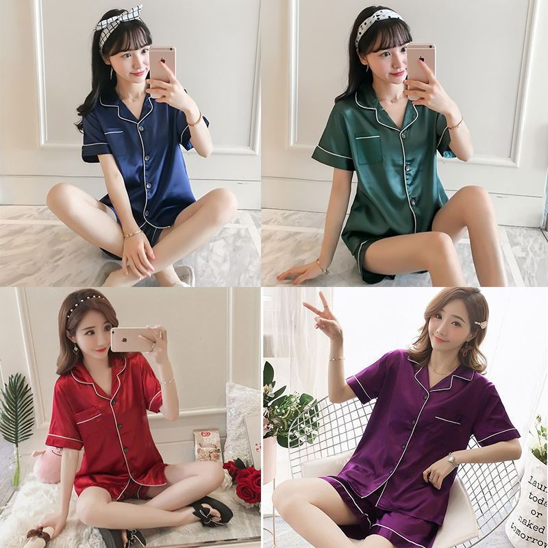 Southeast Asia Hot Pajamas Women's Summer Solid Color Ice Silk Plus Size suit Cross-border Amazon Home Clothes Large Discount