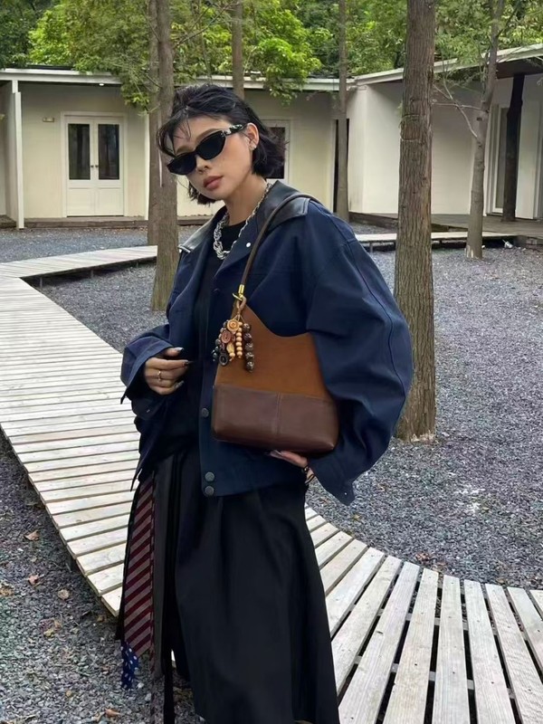 跨境麂皮绒拼接女大容量2025新款秋冬季复古单肩子母包通勤水桶包|undefined