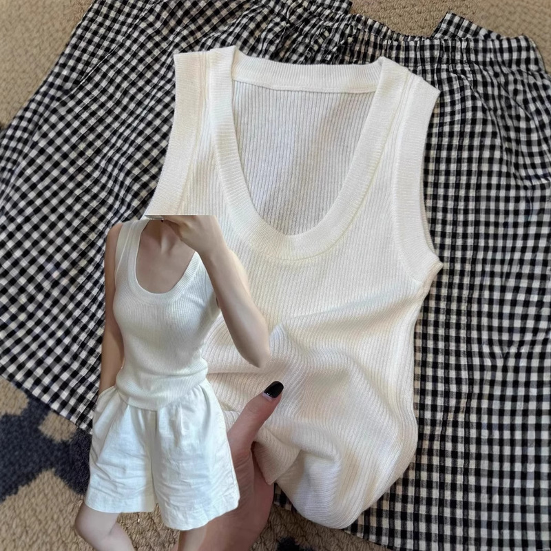 Thin Ice Silk U-Neck Knitted Sling Women's Summer 2025 Breast Covering Threaded Sleeveless Top Lazy Outer Wear Vest