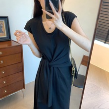 法式欧美高端大牌小众不规则设计感过膝裙休闲系带收腰连衣裙女