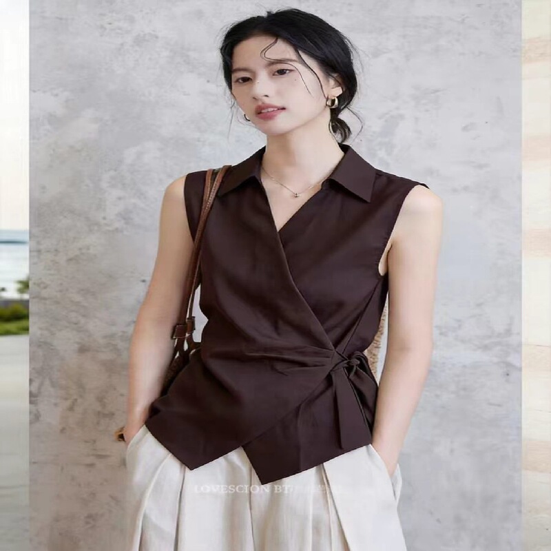 French-Style Solid Color Pleated Irregular V-Neck Waist-Cinching Sleeveless Shirt for Women, New Summer Trendy High-End Top French-Style Solid Color Pleated Irregular V-Neck Waist-Cinching Sleeveless Shirt for Women, New Summer Trendy High-End Top