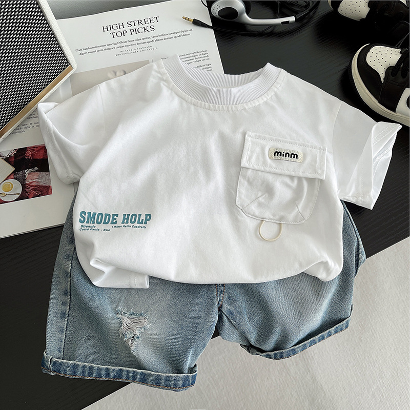 Boys' Summer Denim Shorts 2025 Summer Loosen Version Thin Trendy Short-sleeved T-shirt Two-piece Set for Young Boys