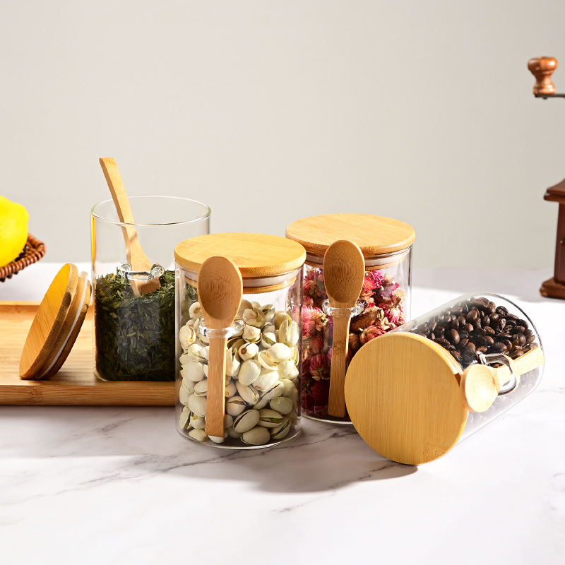 Fabricante de suministro de alta borosilicona de vidrio sellado lata de té recta frutas secas bocadillos almacenamiento de botellas de almacenamiento de dulces