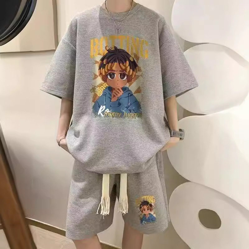 Waffe Shorts Sports suit Men's Trendy Loose Cartoon Print Short-sleeved Shorts with Handsome Two-piece Fashionable Set