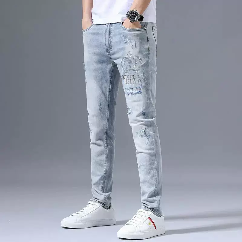 Осенние элитные трендовые джинсы, легкие брюки, с вышивкой, Slim fit