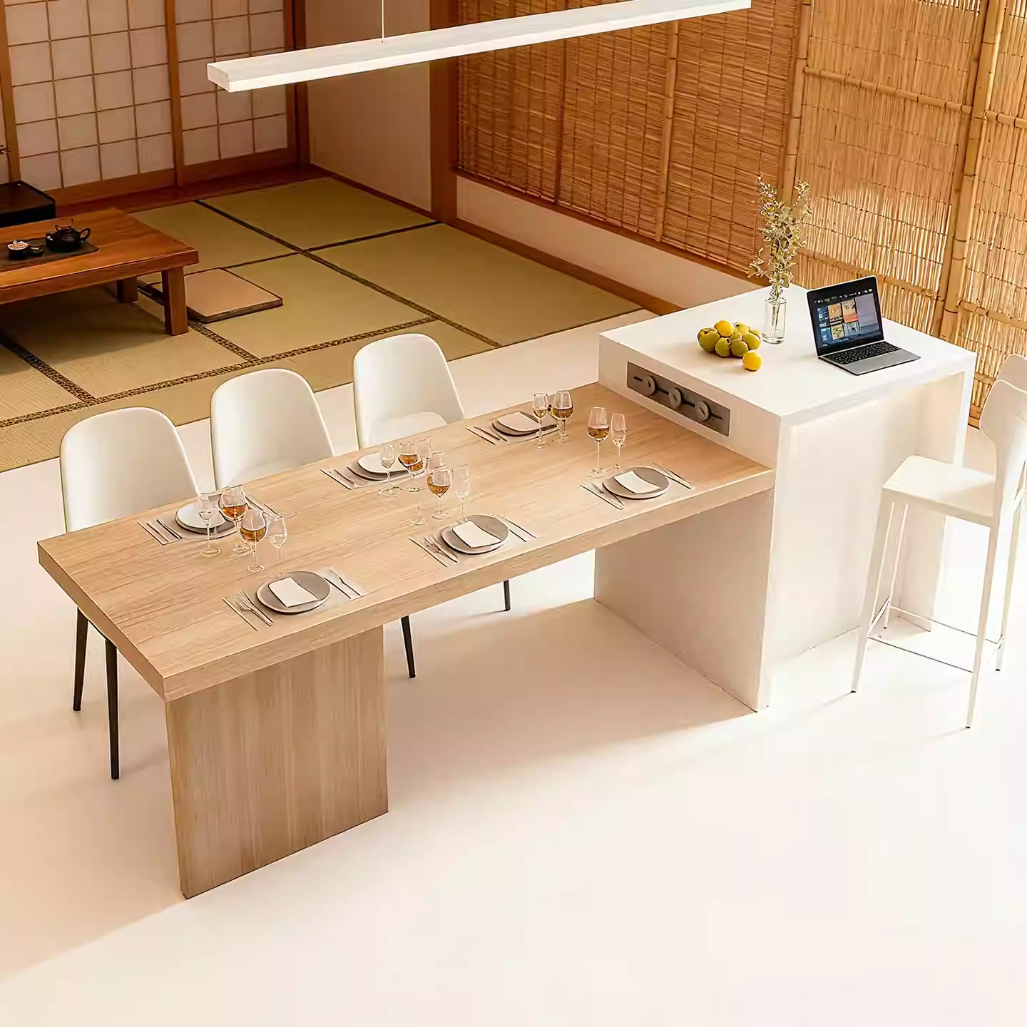 Cream-Style Island Table Integrated Dining Table for Home Use, Small-Sized Rock Slab Center Island, Open Kitchen Dining Room, Japanese-Style Bar Counter