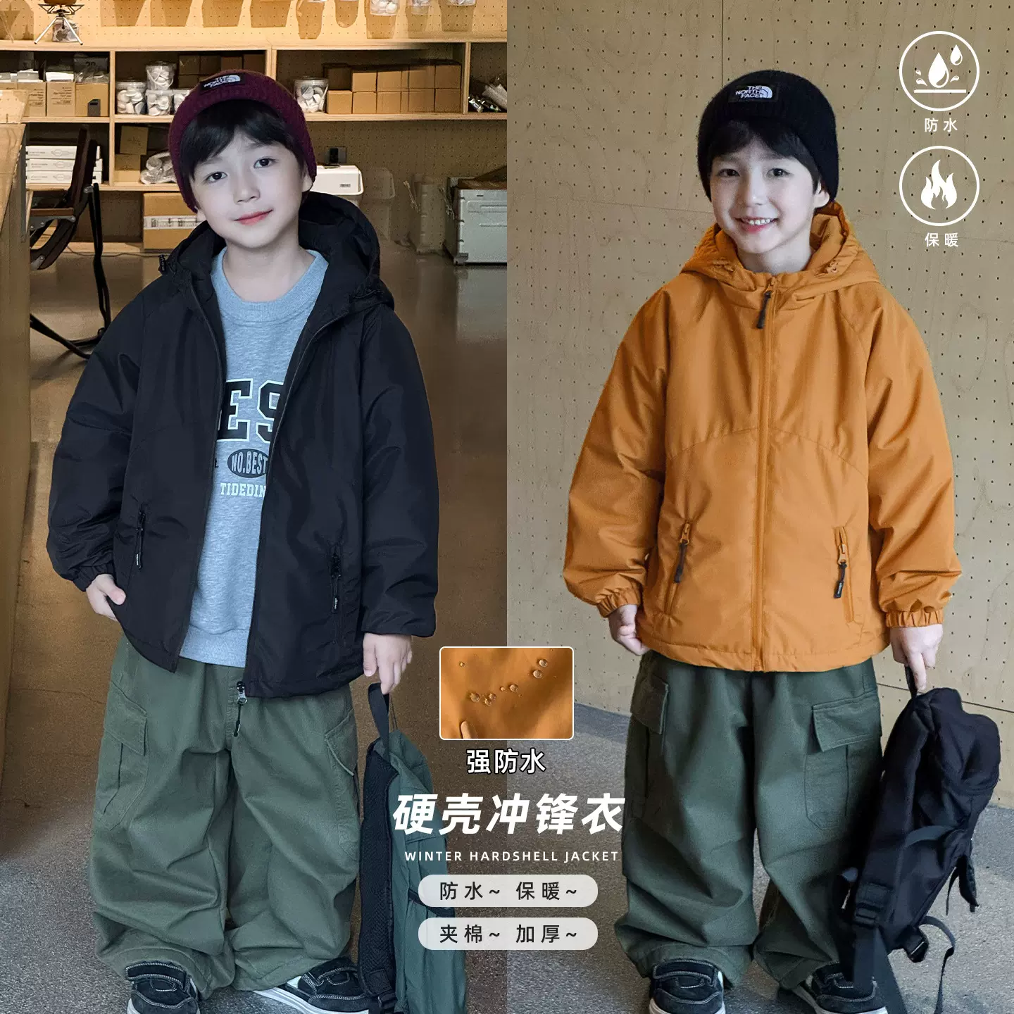 童酷2025男童冬季新款洋气纯色宝宝冲锋衣加厚连帽防水儿童棉衣潮