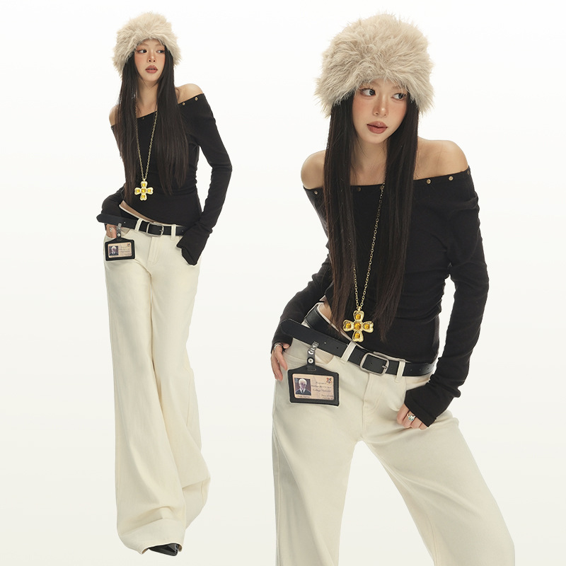 25Th Ootd!｜Retro American Low-Waist Slimming Look Bootcut Jeans Off-White Slim Floor-Length Pants