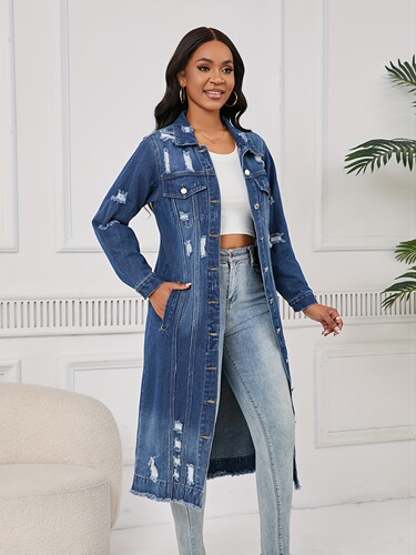 Women's Long Ripped Denim Jacket with Real Pockets Casual