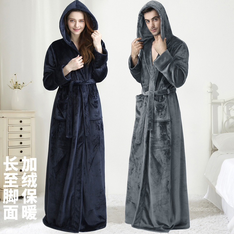 Couple's Autumn and Winter Thickened Warm Long Flannel Bathrobe for Women and Men, Large Size Coral Fleece Bathrobe with Hood Couple's Autumn and Winter Thickened Warm Long Flannel Bathrobe for Women and Men, Large Size Coral Fleece Bathrobe with Hood