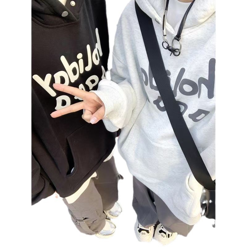 아메리칸 스타일 레트로 안녕하세요 양각 된 후드 스웨트 여성의 가을과 겨울 새로운 느슨한 유행 브랜드 게으른 스타일 어깨 최고 유행