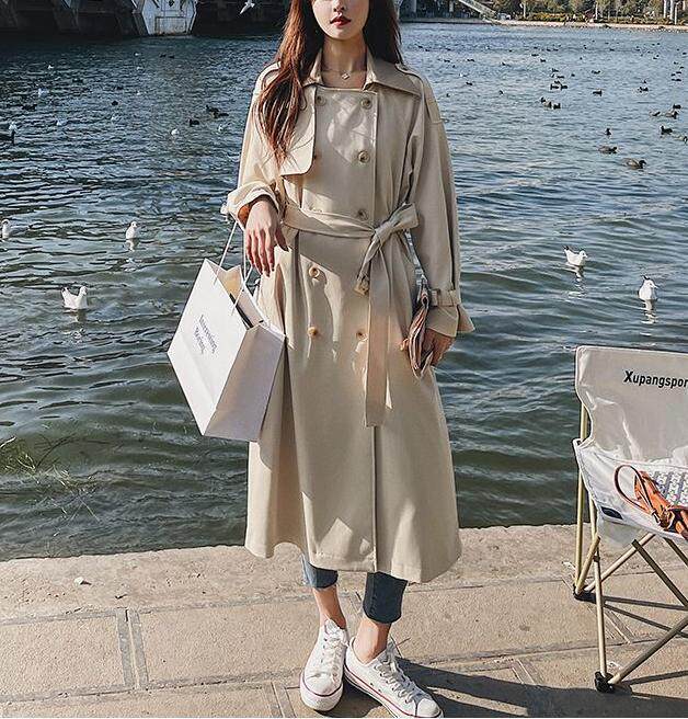 Áo khoác trench coat nữ dáng dài trung bình, form rộng, cổ vest, tay dài, phong cách thanh lịch — Màu be (chất lượng cao cấp) chi tiết 14