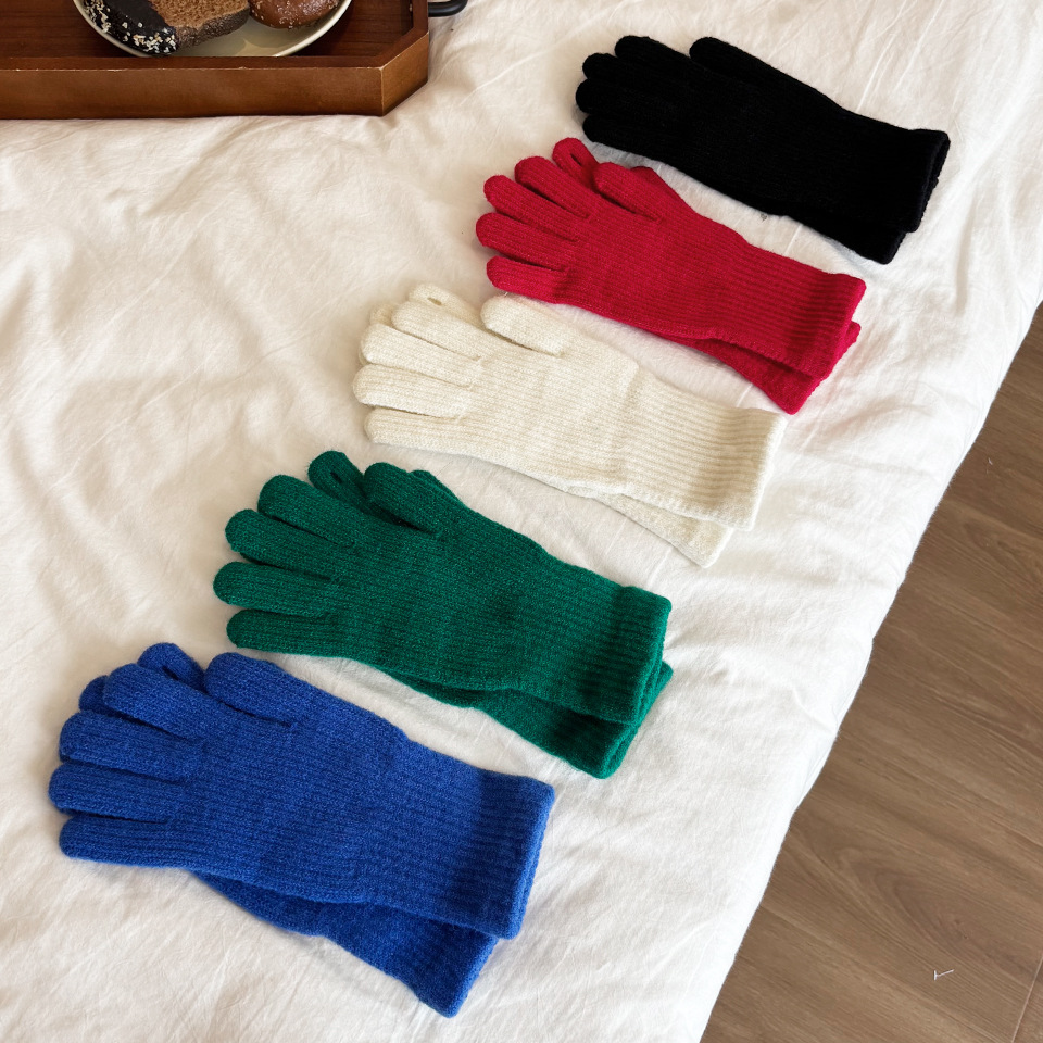 韩版东大门纯色针织毛线手套女士冬季防寒保暖时尚百搭露指可触屏