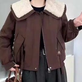2025半开领女加绒加厚短外套翻领韩版立领冬季保暖秋冬蓝色咖啡色