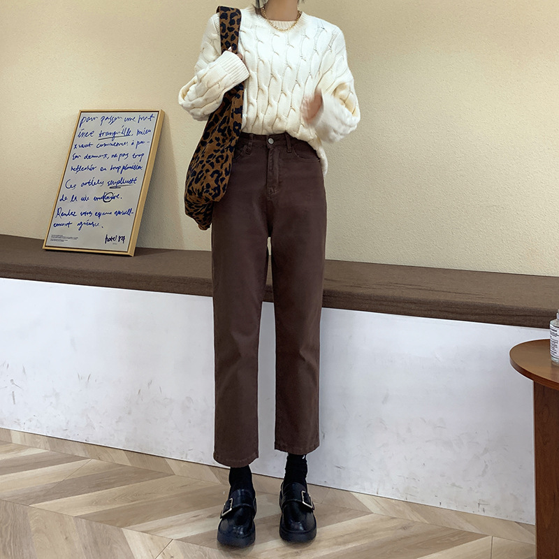 Brown Smoke Tube Pants Straight-leg Jeans Women's Autumn Small High Waist Slimming Eight Nine Brown Pants Autumn Brown Smoke Tube Pants Straight-leg Jeans Women's Autumn Small High Waist Slimming Eight Nine Brown Pants Autumn