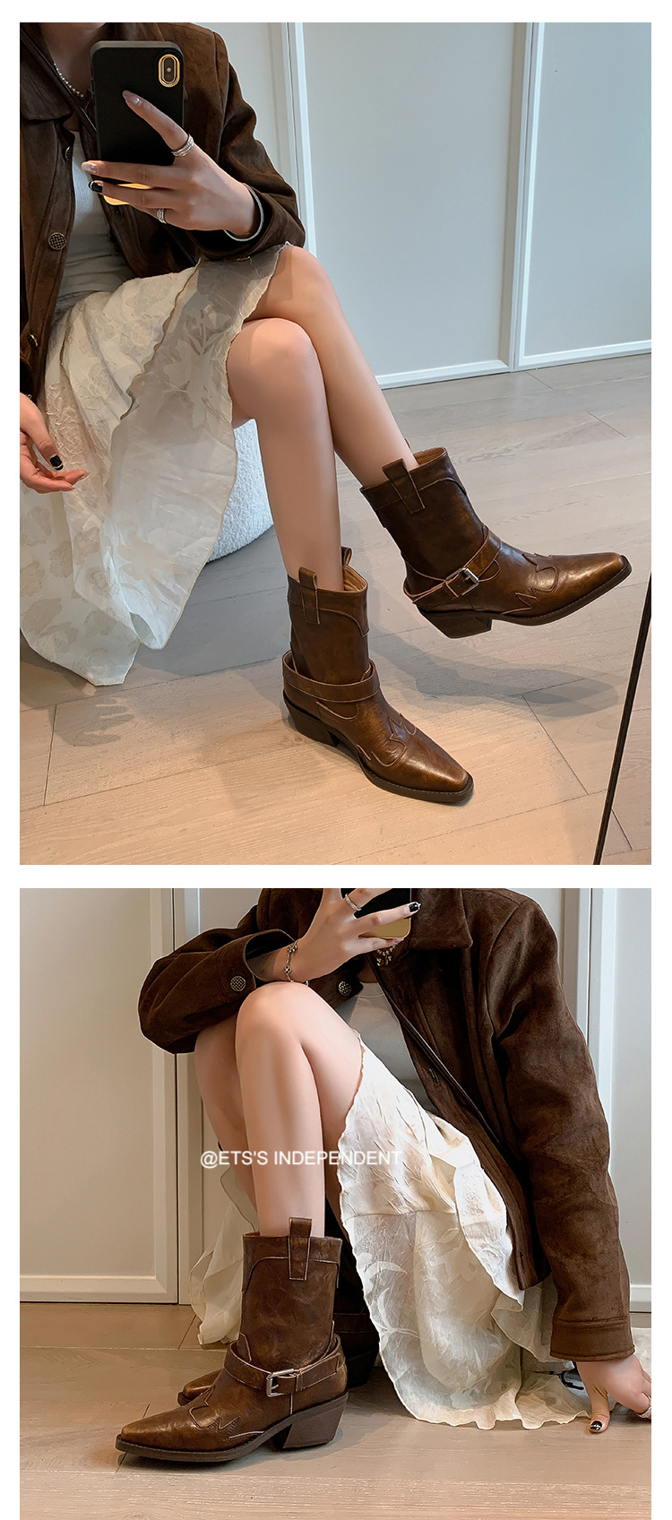 Boot nữ cao gót mũi nhọn chữ V kiểu cowboy gót thô khóa thắt lưng — Màu nâu [lót nhung] chi tiết 13