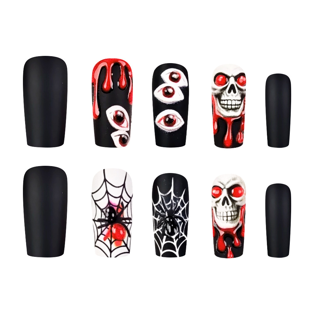 Halloween manicure piezas de uñas desgastadas uñas rectangulares 3D gotas de sangre tridimensionales esqueleto oscuro ojos del diablo pegatinas de uñas falsas