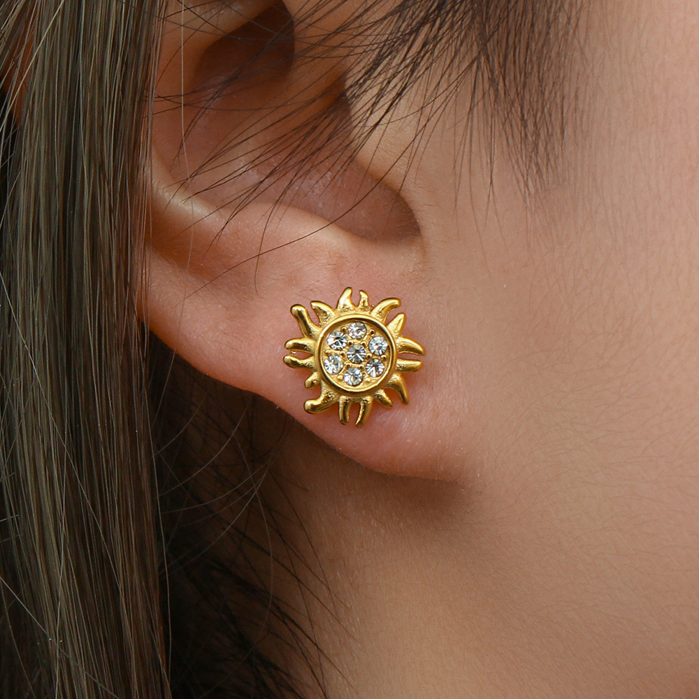 Fashion Geometric Flower Stainless Steel Inlay Zircon Rings Earrings
