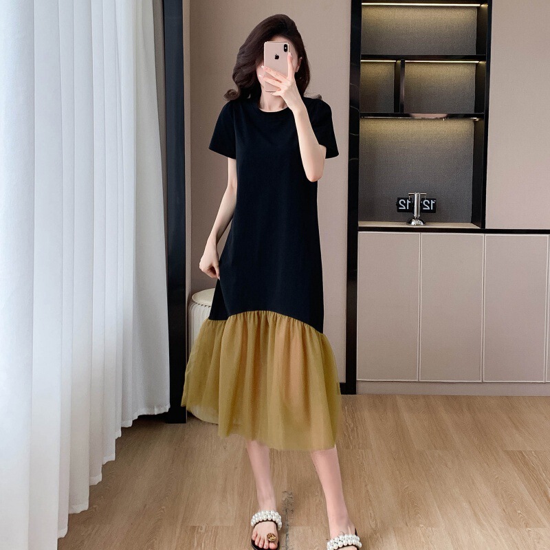 Foreign Trade Women's Clothing Real Shot Mesh Stitching dress Mustard Yellow Light Ripe Elegant Meat Covering Slimming Mid-length plus size T Foreign Trade Women's Clothing Real Shot Mesh Stitching dress Mustard Yellow Light Ripe Elegant Meat Covering Slimming Mid-length plus size T