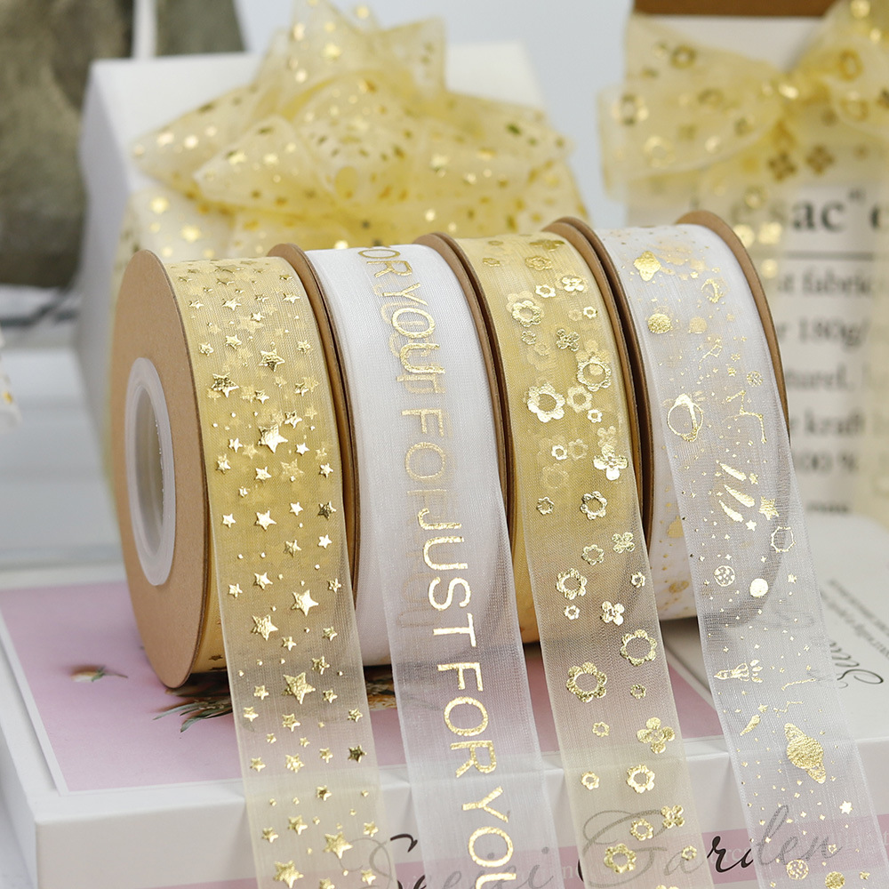 跨境圣诞丝带雪纱缎带烫金雪纺节日仙女色礼盒编织包装彩带