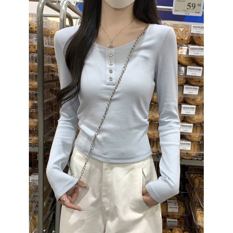 马卡龙蓝色韩版秋冬季新款百搭别致小众女褶皱收腰德绒长袖打底衫|undefined