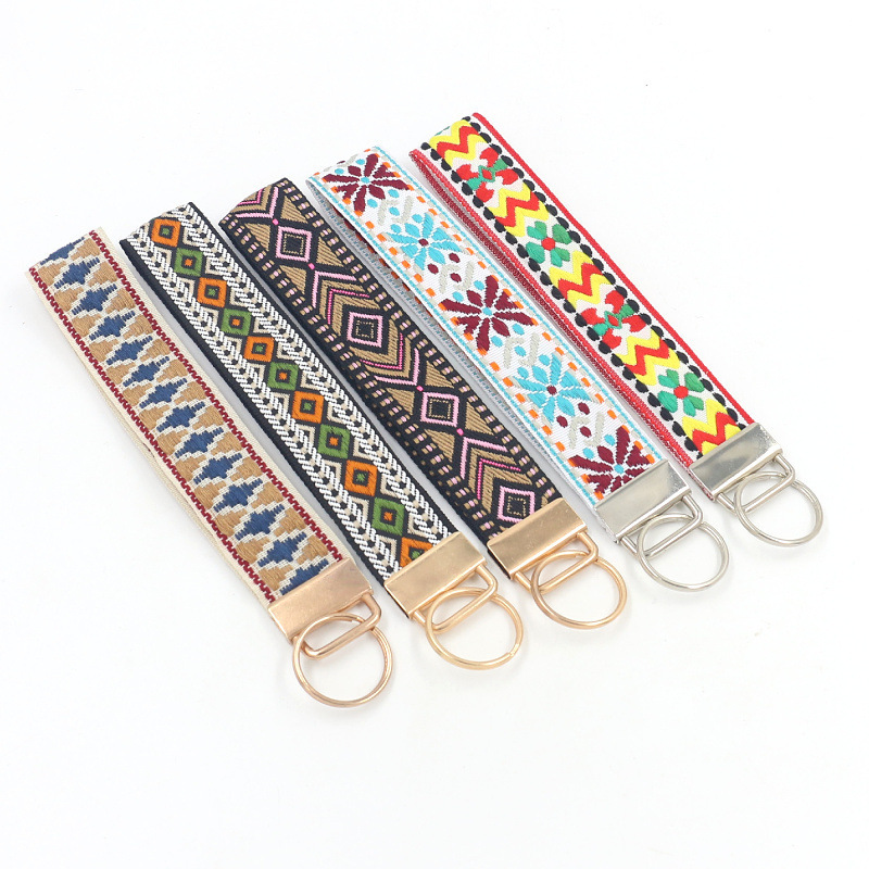 Wholesale Ethnic Style Geometric Jacquard Polyester Webbing Keychain DIY Personalized Colorful Braided Wristband Bracelet