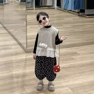 2024 New Autum Korean Style Kidsren's Clothing Girls' Lace Splicing Sweaters Vests Floral Carrot Pants