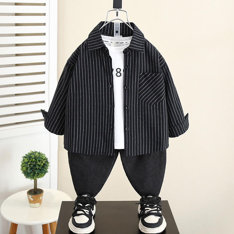 5991 Traje de otoño para niños 2024 Nuevo estilo Cool y guapo Camisa a rayas para bebés Chaleco de dos piezas Primavera y otoño para niños