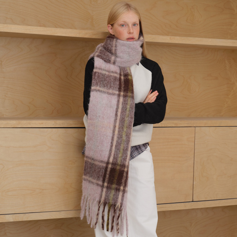 Homemade Wool Blended Plaid Scarf for Women in Winter, Large Shawl, Soft Atmosphere, Thick Beard, Tassel Plaid Scarf
