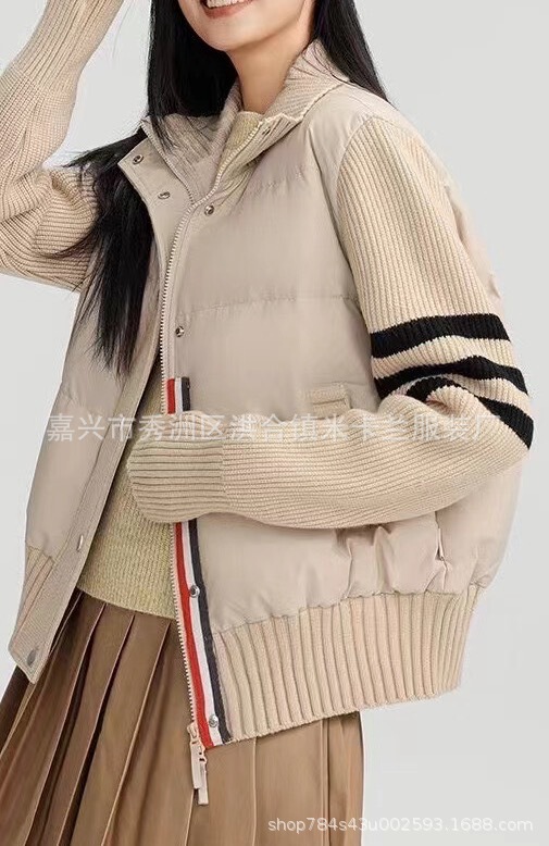 羽绒服女2025年冬季新款韩版宽松加厚拼接三条杠立领白鸭绒外套|undefined