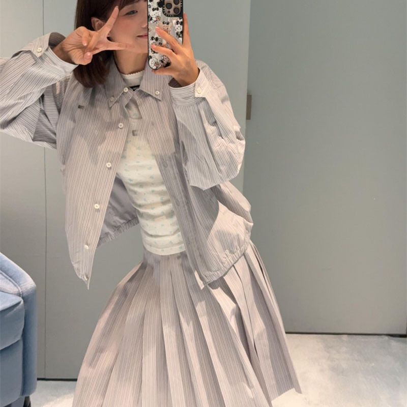 25 Autumn/Winter New Nanyou High-End Miu Simple Casual Blue-Grey Pinstripe French Style Lazy Loose Slimming Set