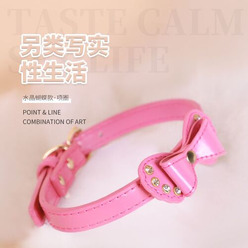 Erotic SM sex toys: leather collar with bow, leash chain, and role-play maid-themed adult sexy accessories