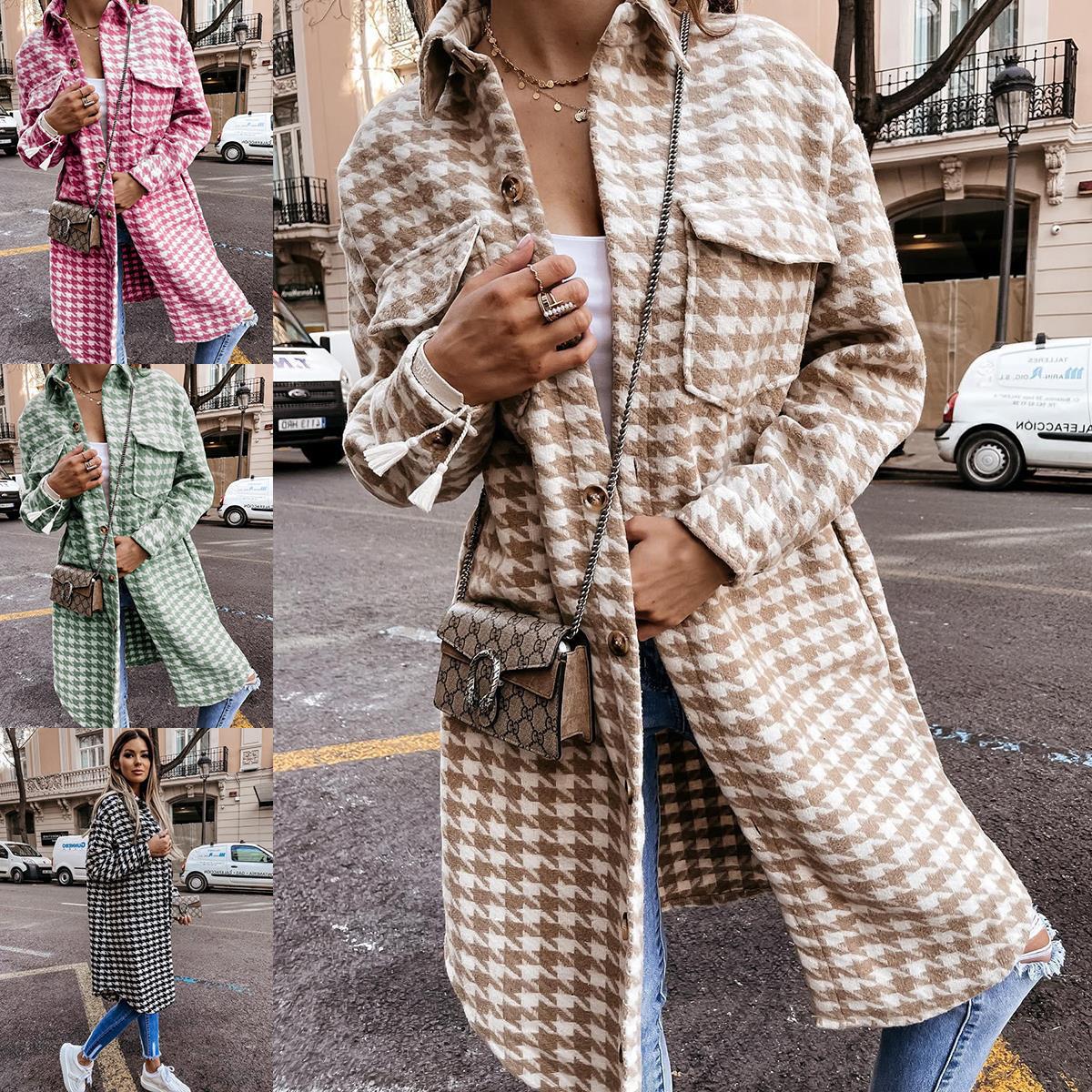 New winter 2021 Cross border Women's wear Amazon wish houndstooth printing Mid length version Fur coat