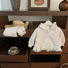 【奶油家】超甜！韩系女宝宝花边连帽卫衣外套粉色微喇裤洋气套装