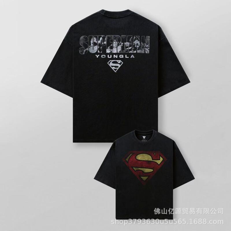youngla超人图案T恤健身运动训练宽松欧美超大码潮人纯棉印花短袖|undefined
