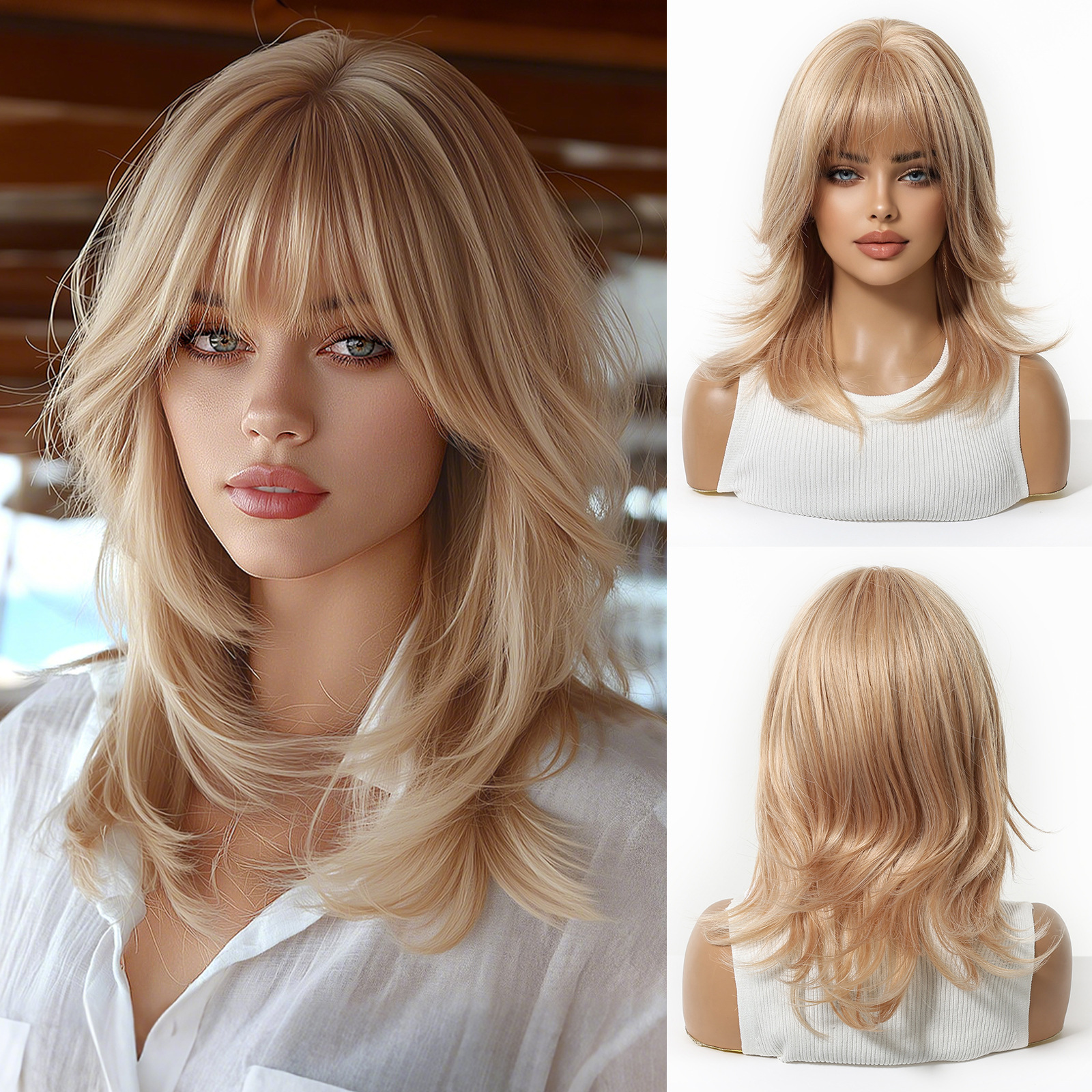 Comercio electrónico transfronterizo venta caliente de verano, peluca refrescante, cubierta de cabeza completa para mujer, pelo hasta los hombros, cubierta de cabeza completa de bobo de estilo europeo y americano
