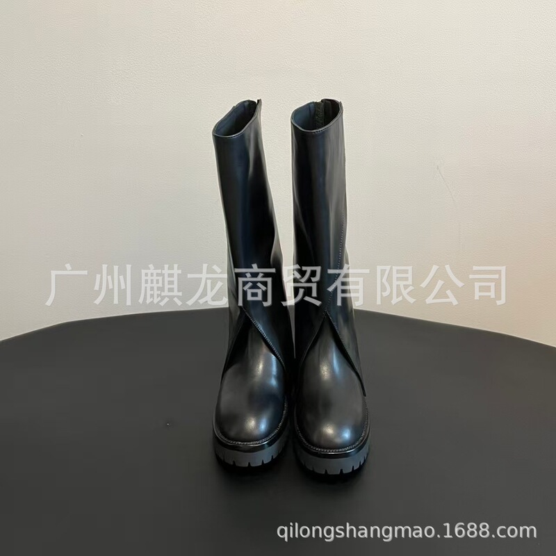 高端2025秋冬新款真皮圆头复古厚底后拉链高筒裤管靴长筒靴骑士靴|undefined